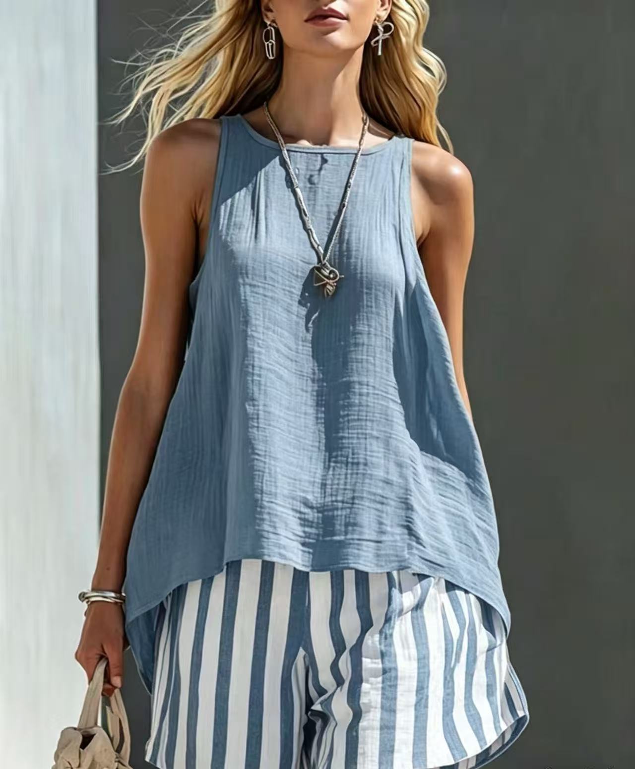 📦📦LAST DAY SAVE 49% ⏰Women's Orange Cotton-linen Vest And Striped Shorts Set