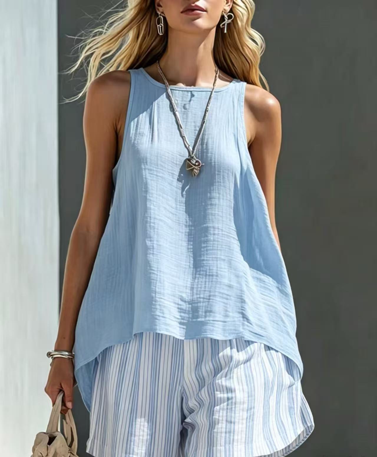 📦📦LAST DAY SAVE 49% ⏰Women's Orange Cotton-linen Vest And Striped Shorts Set