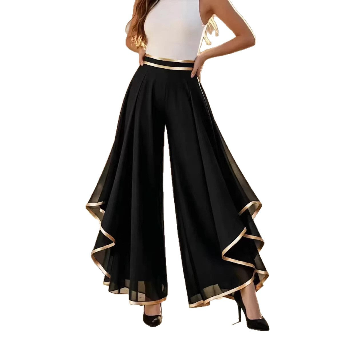 🌷🌷Elegant Gold Trim Wide Leg Chiffon Pants