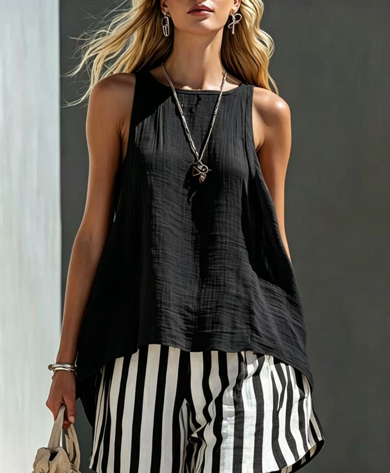 📦📦LAST DAY SAVE 49% ⏰Women's Orange Cotton-linen Vest And Striped Shorts Set