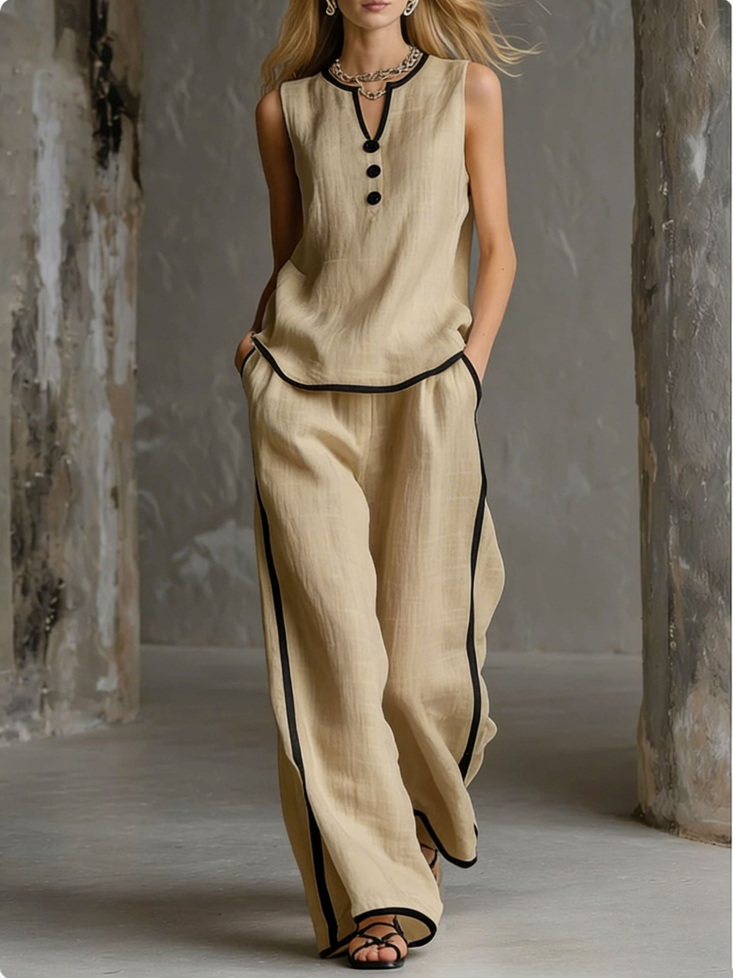 🌷🌷Contrast Trim Sleeveless Top & Wide-Leg Pants Two-Piece Set