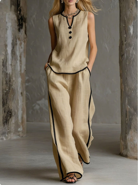🌷🌷Contrast Trim Sleeveless Top & Wide-Leg Pants Two-Piece Set