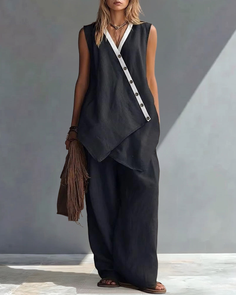 🌷🌷Boho Relaxed Fit Contrast Color Slant Placket Matching Sets