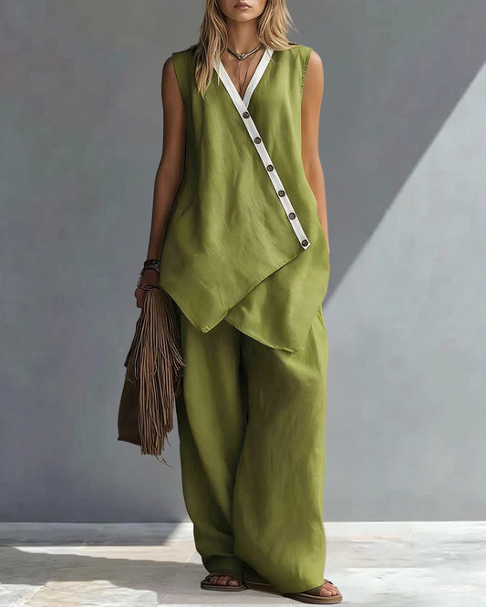 🌷🌷Boho Relaxed Fit Contrast Color Slant Placket Matching Sets