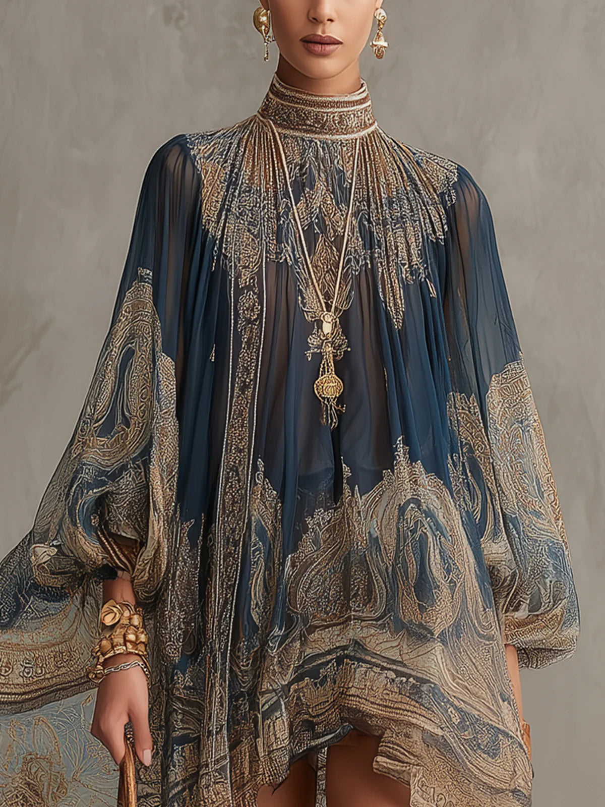 🌷🌷Navy Blue Baroque Print High-neck Irregular Chiffon Mini Dress