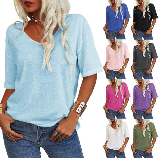 ✨⏰LAST DAY SAVE 49% ⏰Women's Soft Solid Color Vneck Tshirt Cotton Half Sleeve Half Sleeve Casual Loose