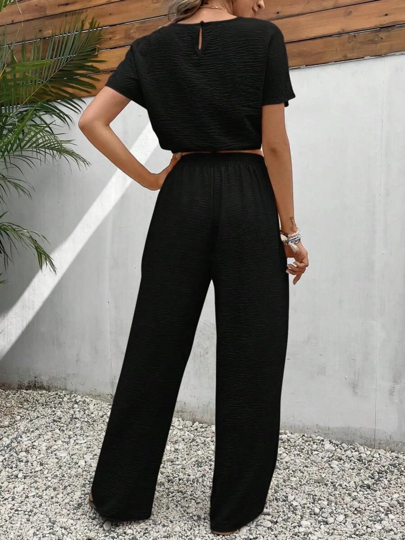 🌷🌷Women's Solid Color Top & Wide Leg Pants Two-piece Set, Casual Round Neck Top & Elastic Waist Drawstring Trousers for Summer, Ladies Clothes for Daily Wear, Womenswear
