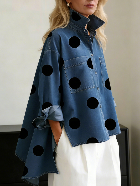 📦📦CLEARANCE SALE🔥Elegant Artistic Polka Dot Print Stand-collar Denim Top