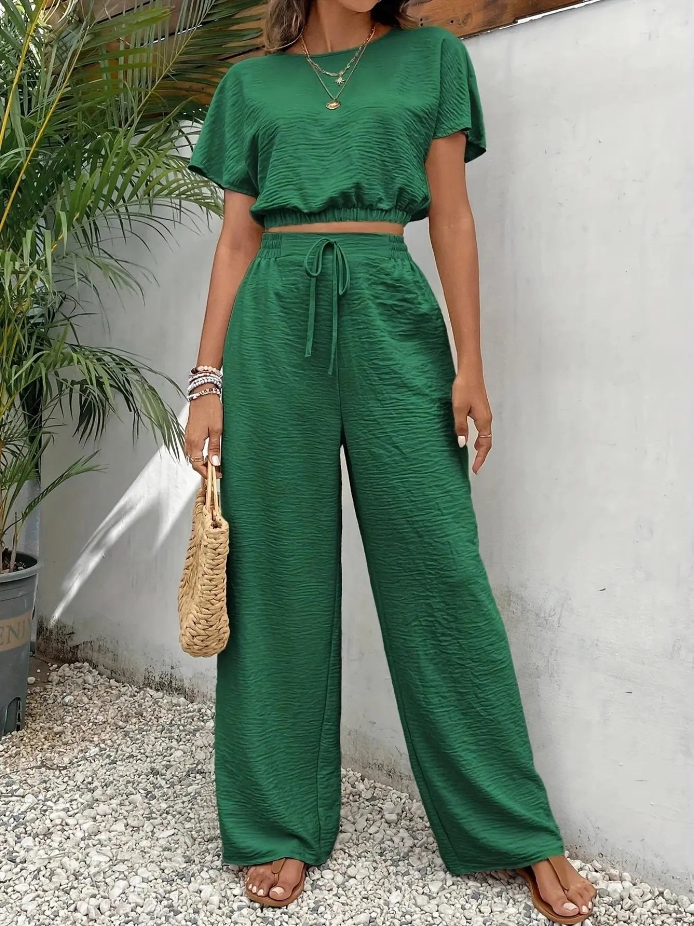 🌷🌷Women's Solid Color Top & Wide Leg Pants Two-piece Set, Casual Round Neck Top & Elastic Waist Drawstring Trousers for Summer, Ladies Clothes for Daily Wear, Womenswear