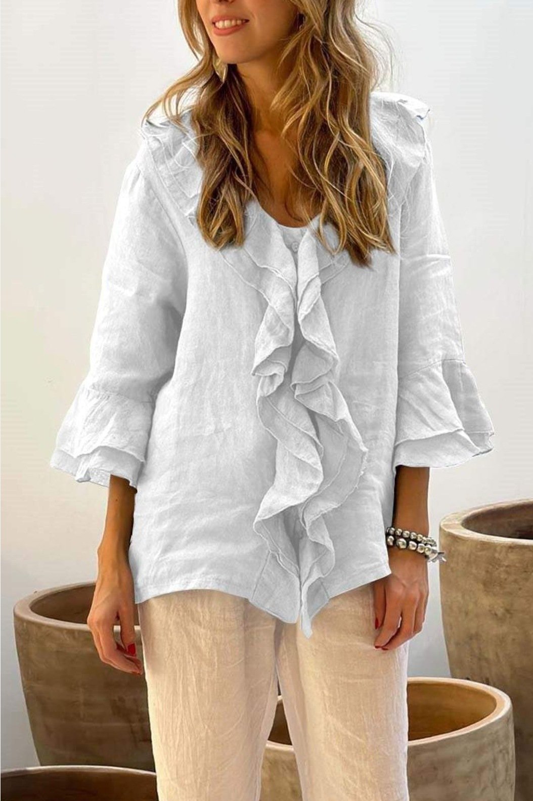 📦📦Hot Sale🔥Women Summer Ruffle Design Casual Linen Cotton Shirt