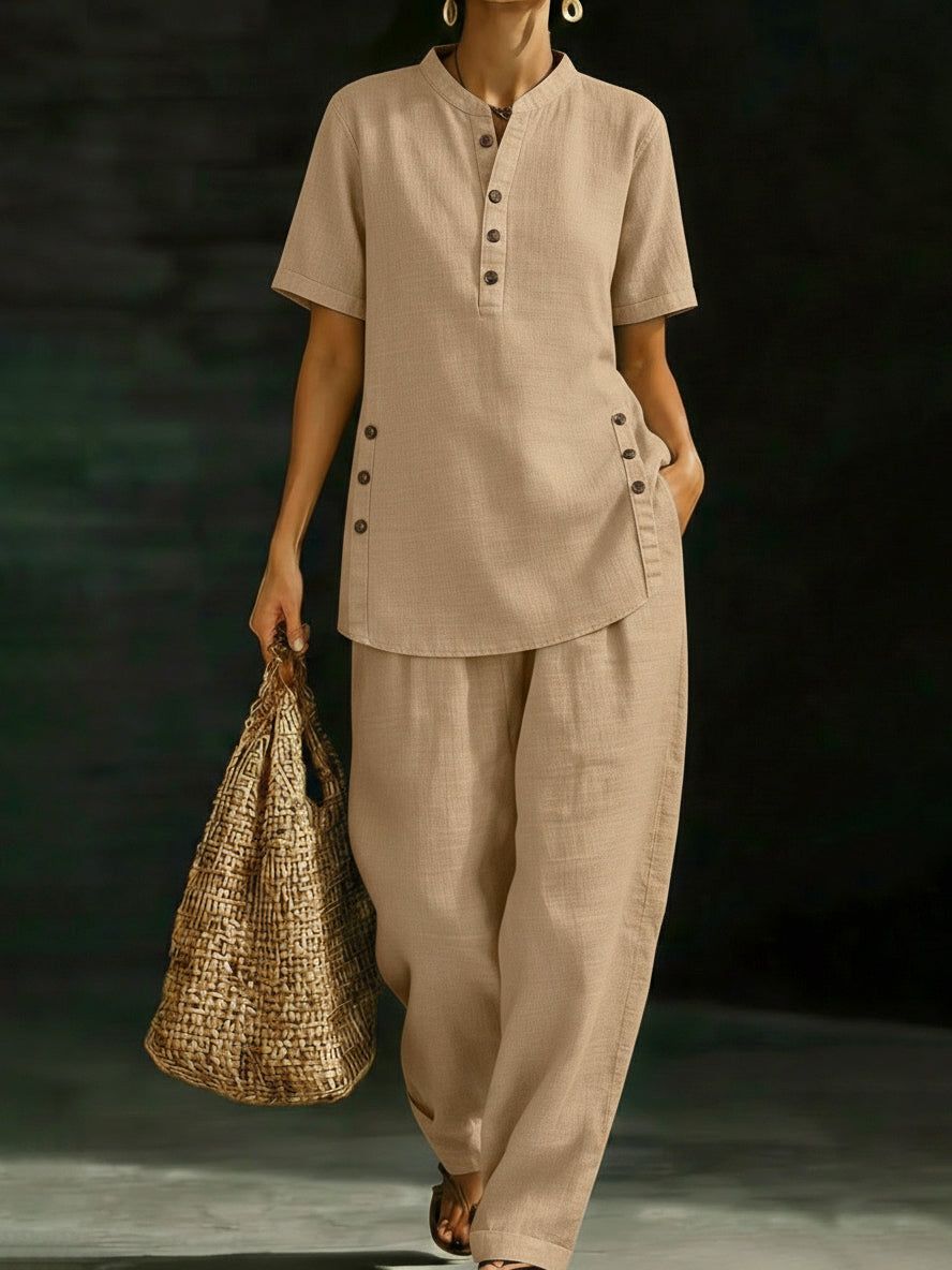 📦📦LAST DAY SAVE 49% ⏰Cozy Casual Button Shirt And Wide-leg Pants Linen Two-piece Set