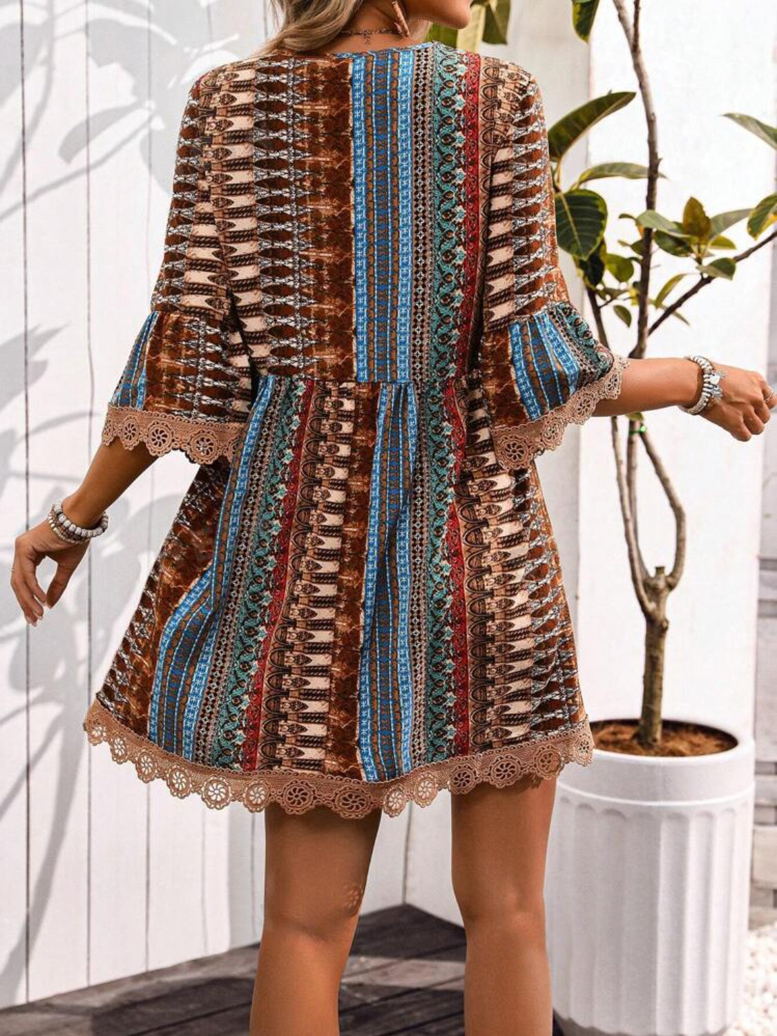 🌷🌷Lace Trim Printed V-Neck 3/4 Sleeve Dress