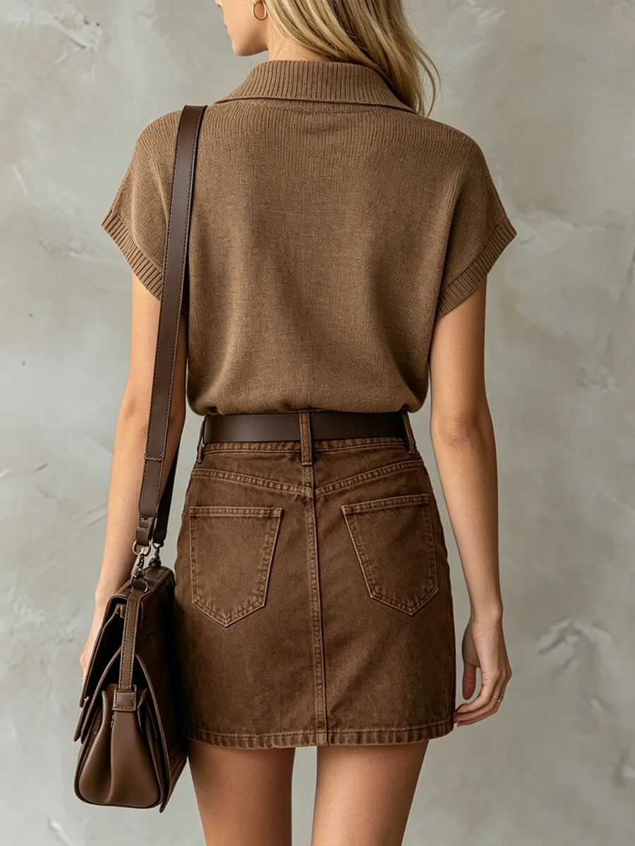 💝💝Women's Retro Brown Knitted Short-sleeve Lapel T-shirt And Denim Skirt Set