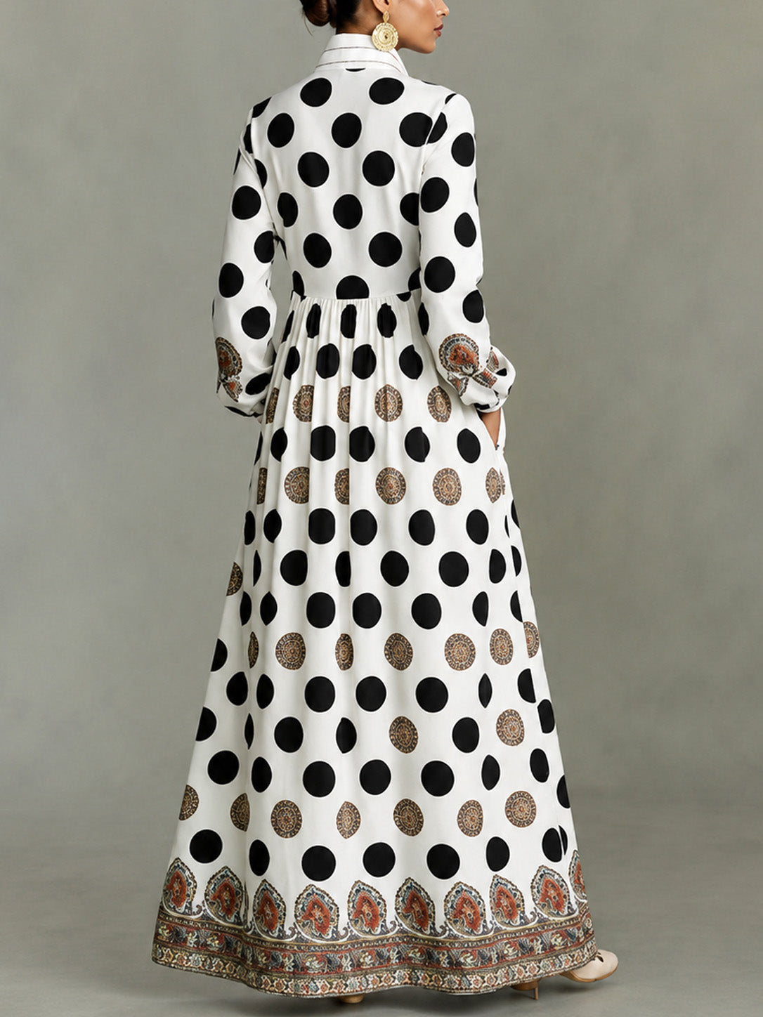 📦📦LAST DAY SAVE 49% ⏰Classic Totem & Polka Dot Color-block Dress With Lapel, Cinched Waist, And Flared Skirt