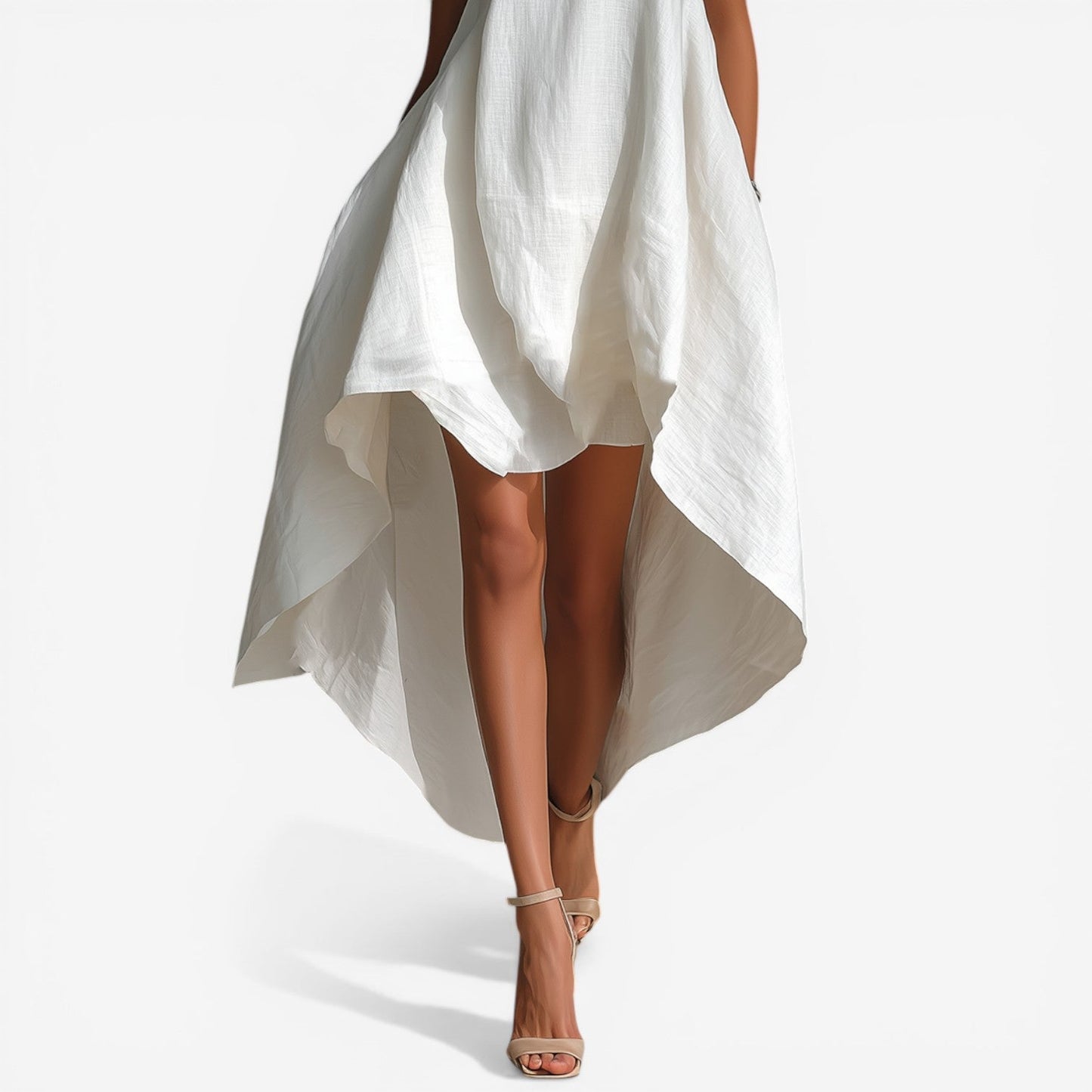 🌷🌷Women's White Linen Fabric Sleeveless Midi Dress With Round Neck & Asymmetric Hem