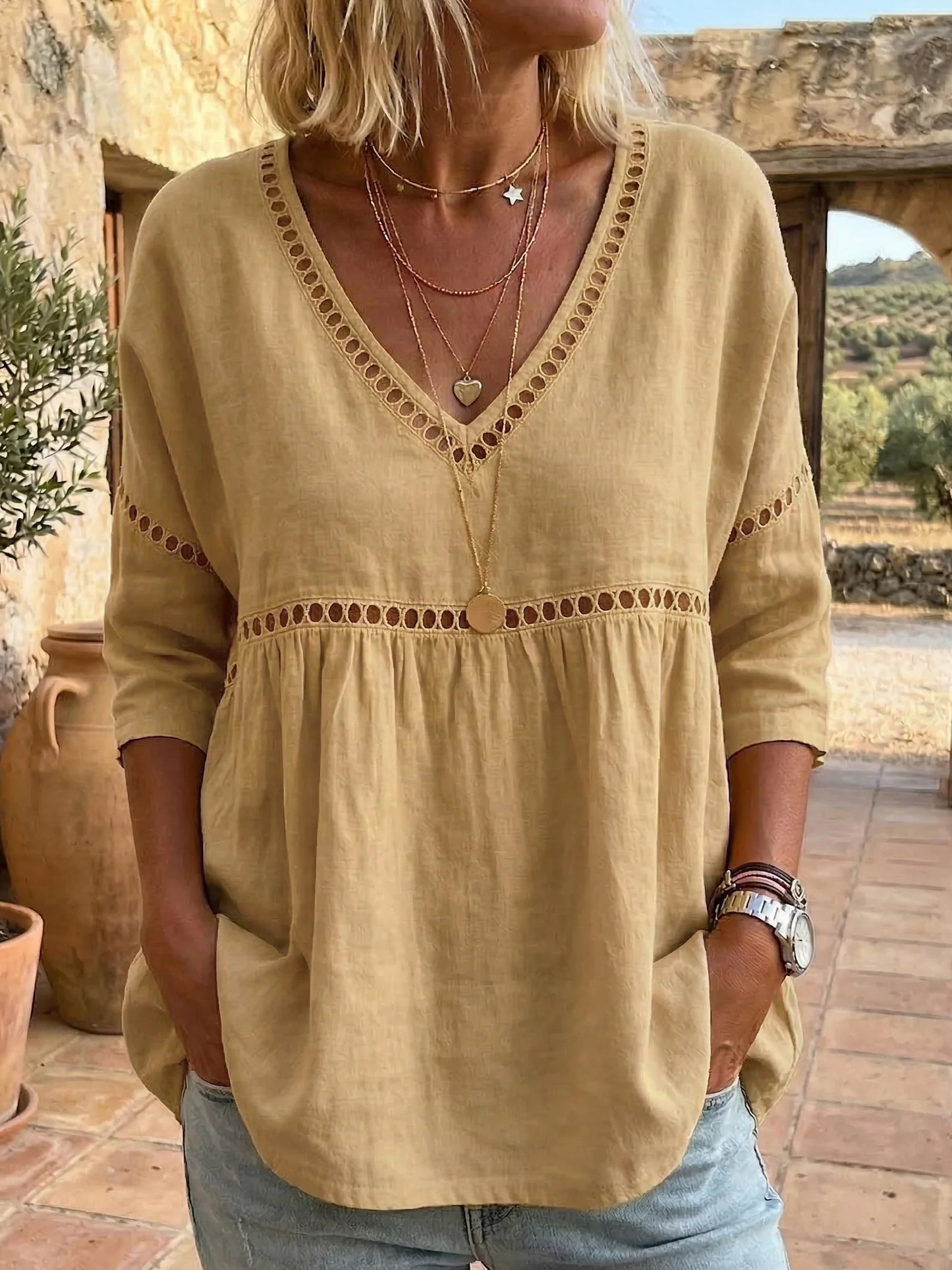 📦📦LAST DAY SAVE 49% ⏰Women's Cozy Hollow-out Patchwork V-neck Linen-cotton Blouse