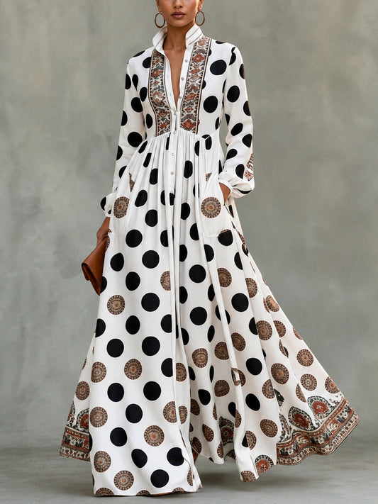 📦📦LAST DAY SAVE 49% ⏰Classic Totem & Polka Dot Color-block Dress With Lapel, Cinched Waist, And Flared Skirt