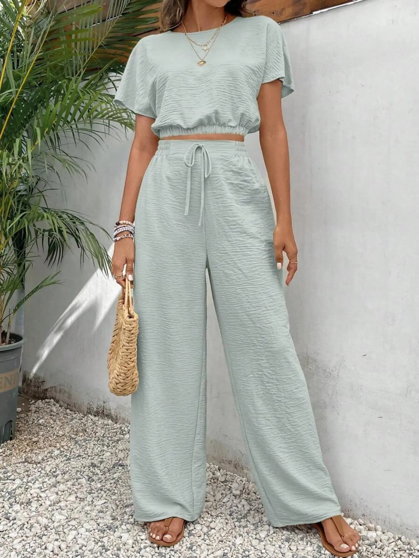 🌷🌷Women's Solid Color Top & Wide Leg Pants Two-piece Set, Casual Round Neck Top & Elastic Waist Drawstring Trousers for Summer, Ladies Clothes for Daily Wear, Womenswear