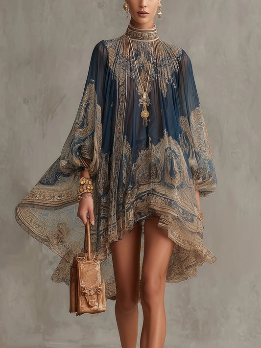 🌷🌷Navy Blue Baroque Print High-neck Irregular Chiffon Mini Dress