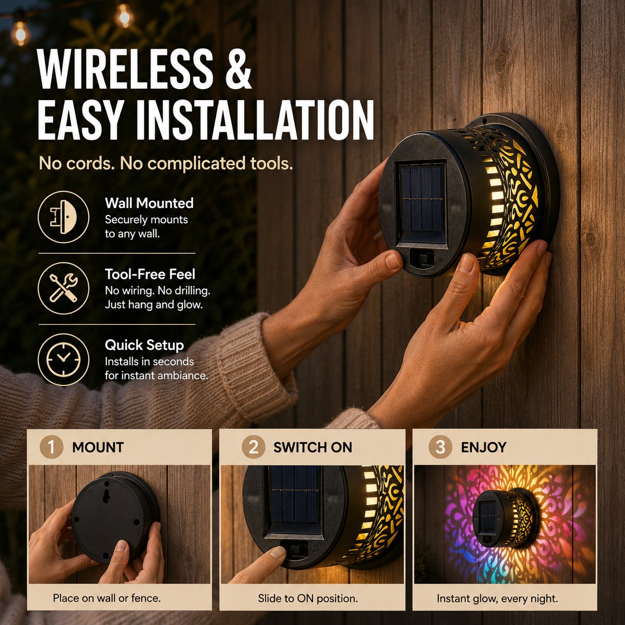 ✨✨Solar Mandala Wall Light Outdoor Garden Fence Projector Lamp Patio Ambient Decor