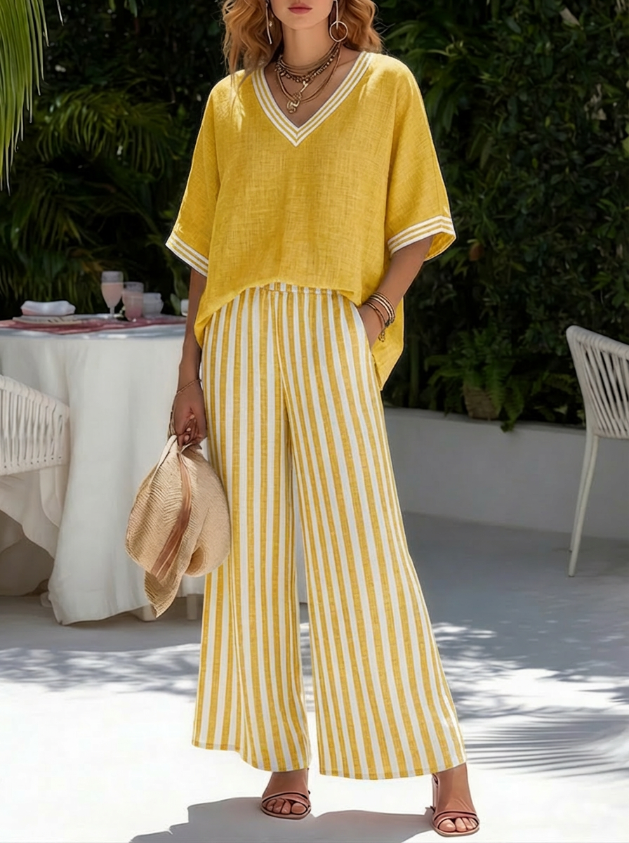 📦📦LAST DAY SAVE 49% ⏰Casual Two-piece Set: Striped Linen & Cotton Patchwork Top And Striped Trousers