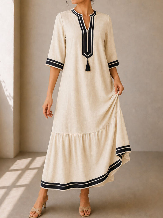 💝💝Women's V-neck 3/4-sleeve Casual Loose-fit Cotton-linen Dress