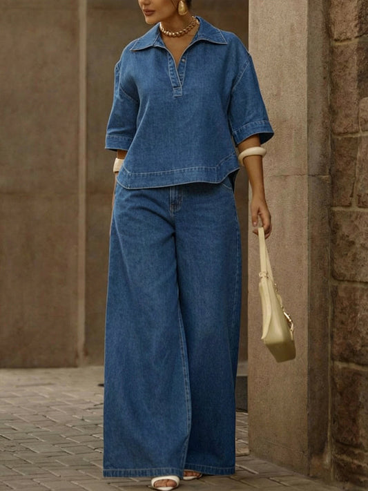 📦📦 New Arrivals🔥Women's Casual 100% Cotton Denim Top And Wide-leg Pants Two-piece Set