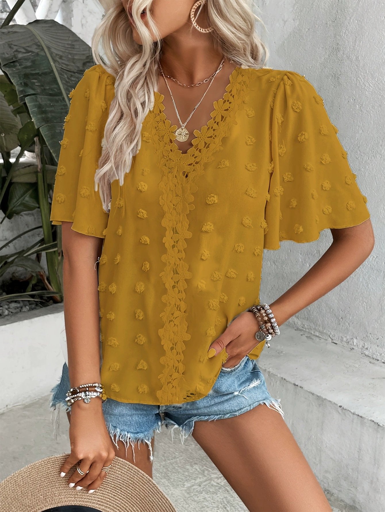 🌷🌷Swiss Dot Lace Butterfly Sleeve Blouse|🔥Buy 2 for Free Shipping