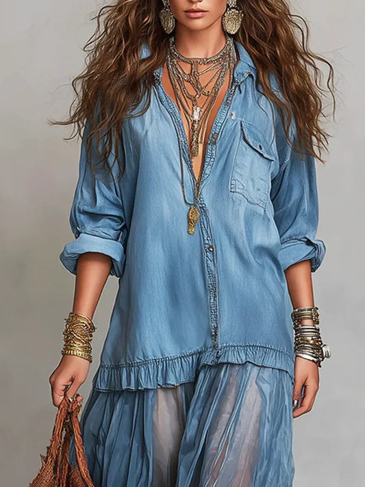 📦📦Mother's Day Sale 49% Off ⏰Women's Retro Lapel Denim Organza Patchwork Art Casual Maxi Dress