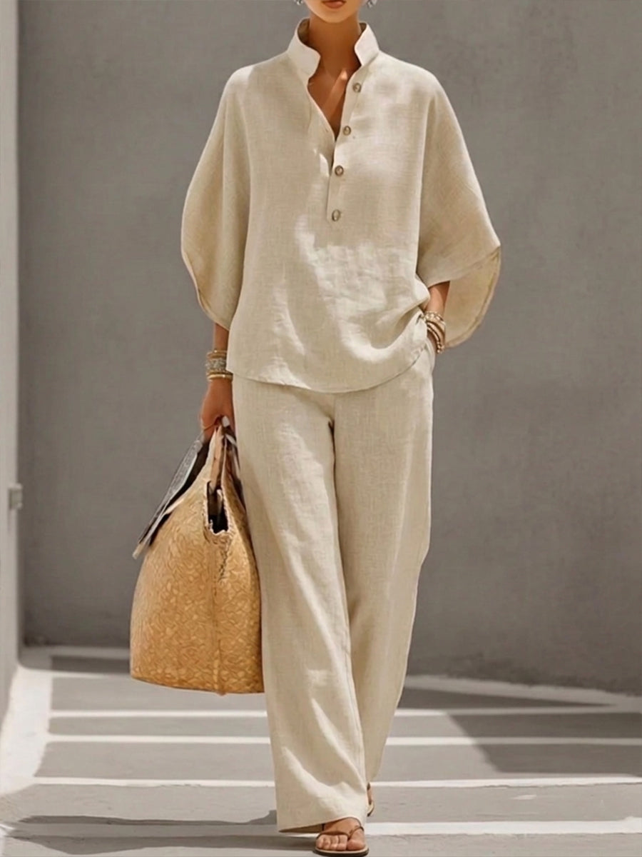 ✨⏰Last Day 49% OFF🎁Women’s Batwing Sleeve Linen Cotton Two-Piece Set – Casual Shirt & Wide Leg Pants Outfit