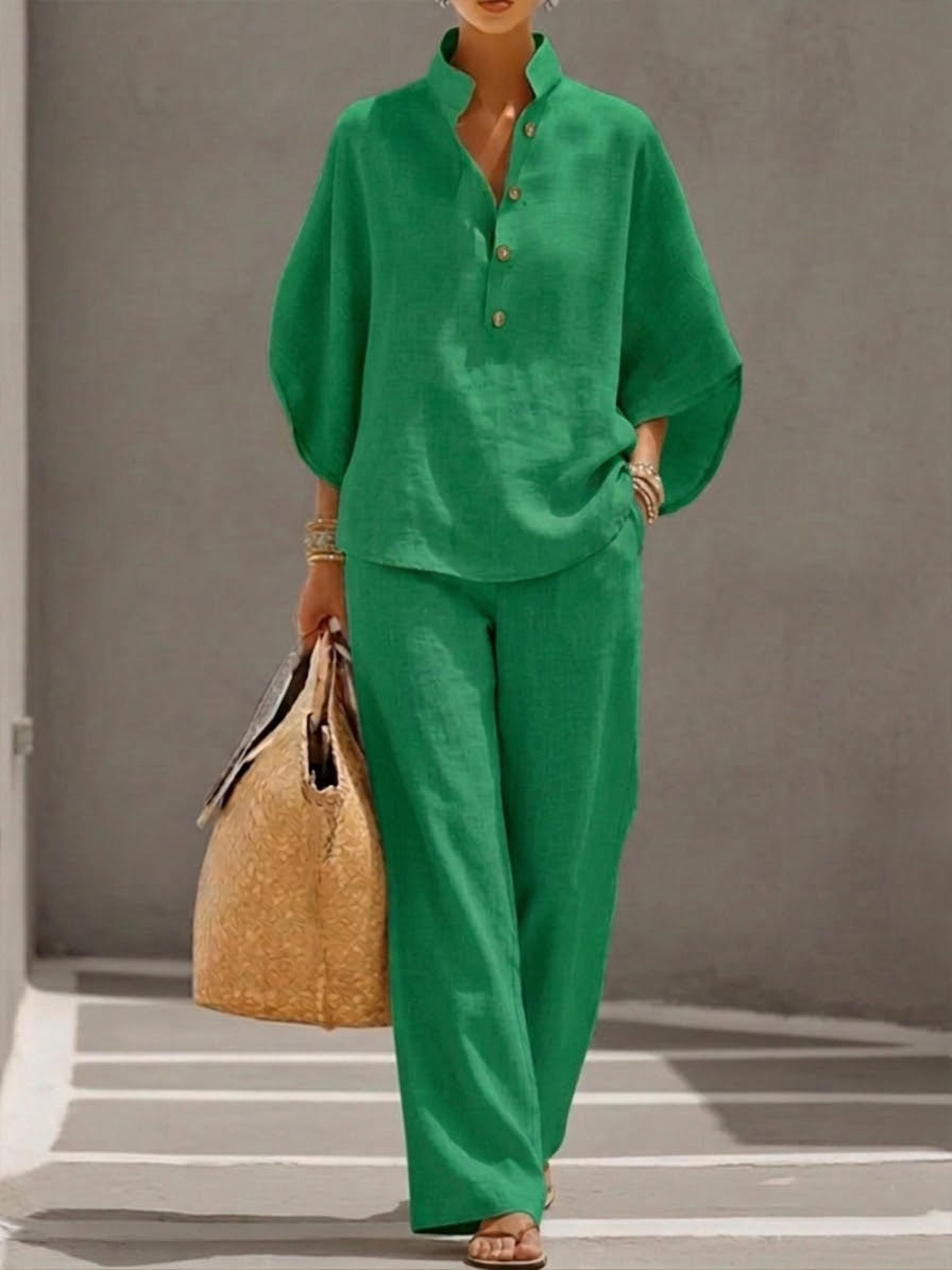✨⏰Last Day 49% OFF🎁Women’s Batwing Sleeve Linen Cotton Two-Piece Set – Casual Shirt & Wide Leg Pants Outfit