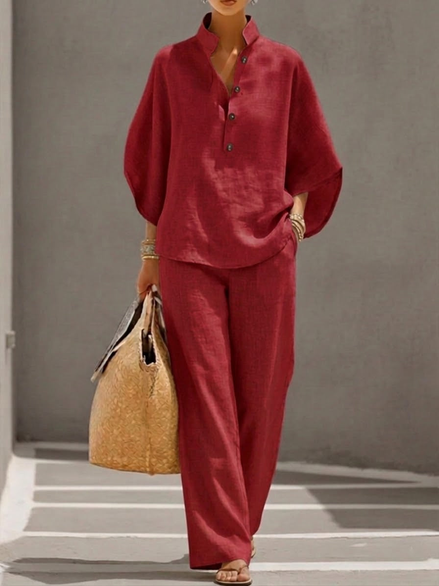 ✨⏰Last Day 49% OFF🎁Women’s Batwing Sleeve Linen Cotton Two-Piece Set – Casual Shirt & Wide Leg Pants Outfit