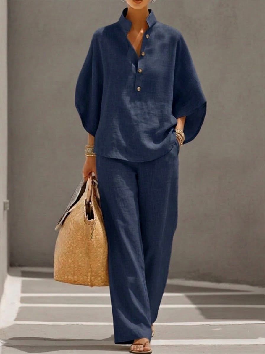 ✨⏰Last Day 49% OFF🎁Women’s Batwing Sleeve Linen Cotton Two-Piece Set – Casual Shirt & Wide Leg Pants Outfit