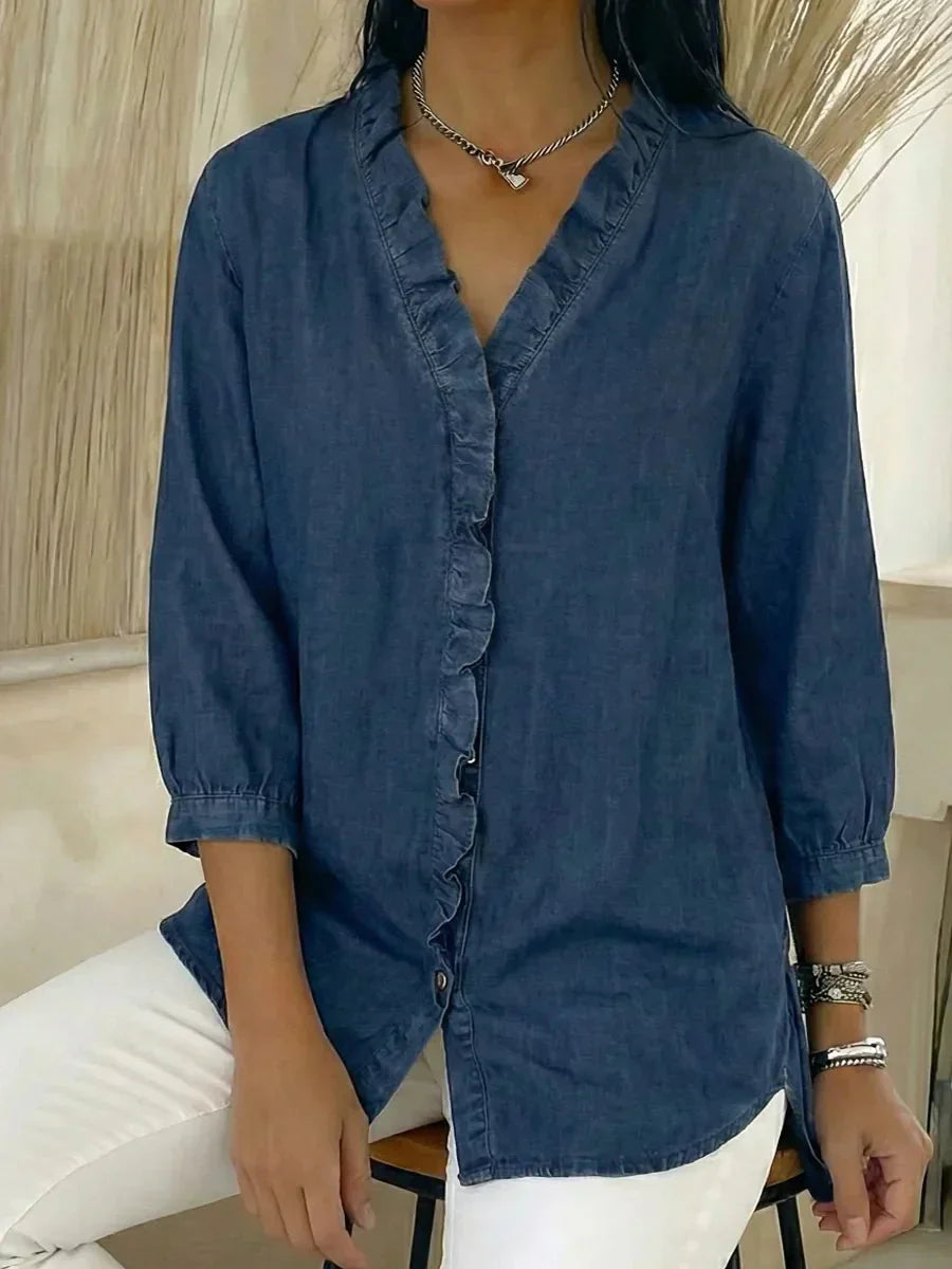 📦📦New Arrivals🔥Women's Casual Denim V-Neck Ruffled Shirt