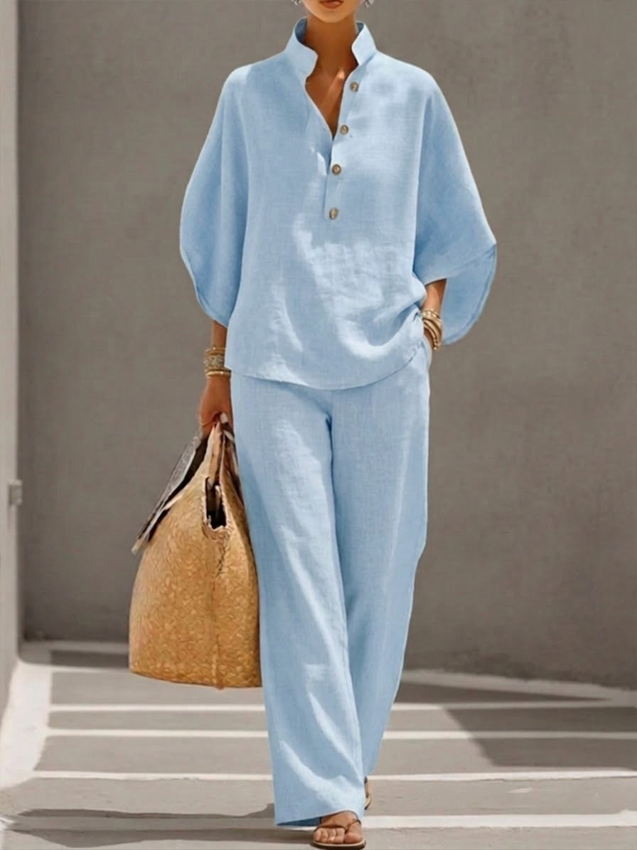 ✨⏰Last Day 49% OFF🎁Women’s Batwing Sleeve Linen Cotton Two-Piece Set – Casual Shirt & Wide Leg Pants Outfit