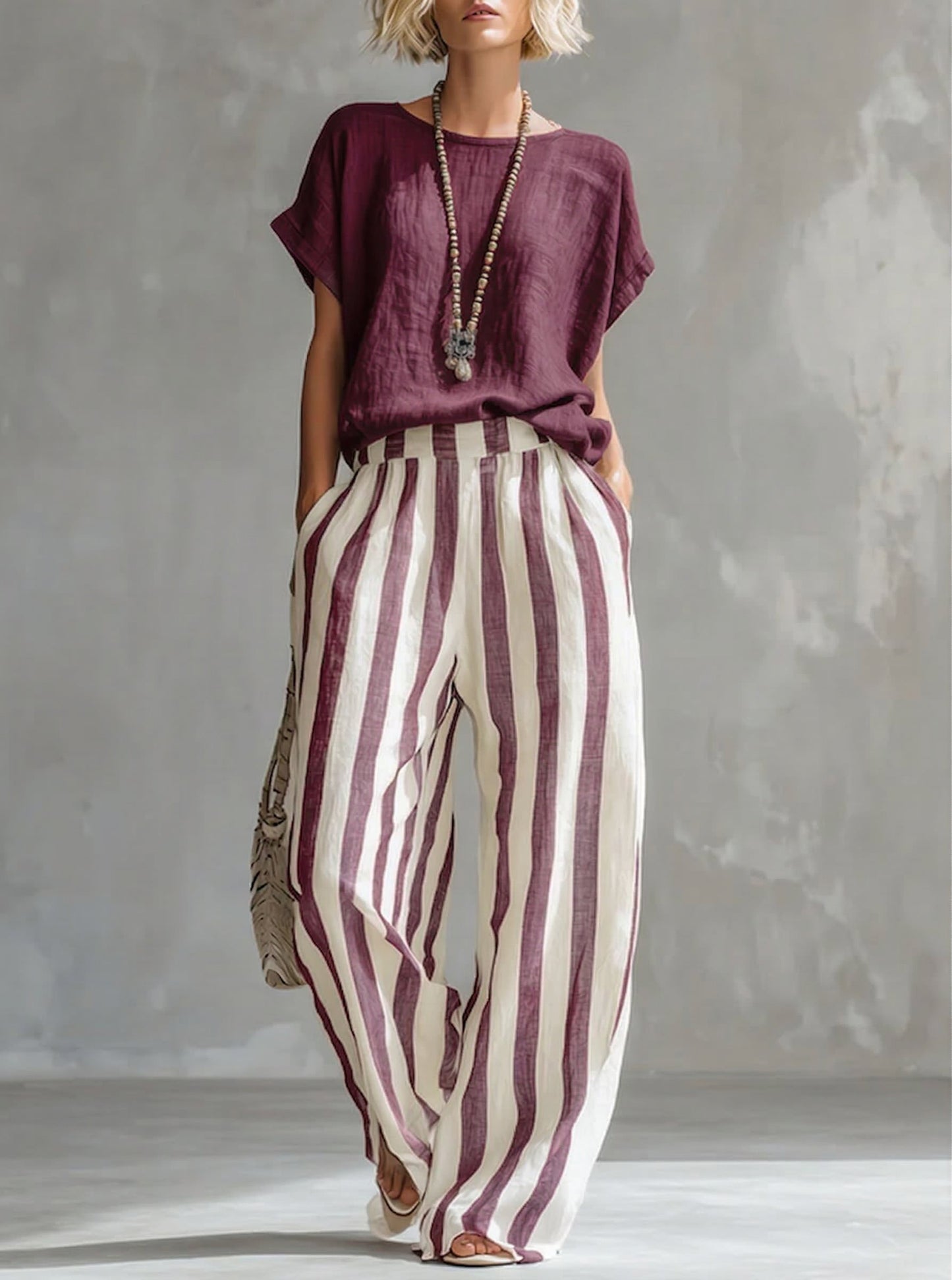 ✨⏰LAST DAY SAVE 49% ⏰Cozy Loose-fit Striped Cotton-linen Two-piece Set