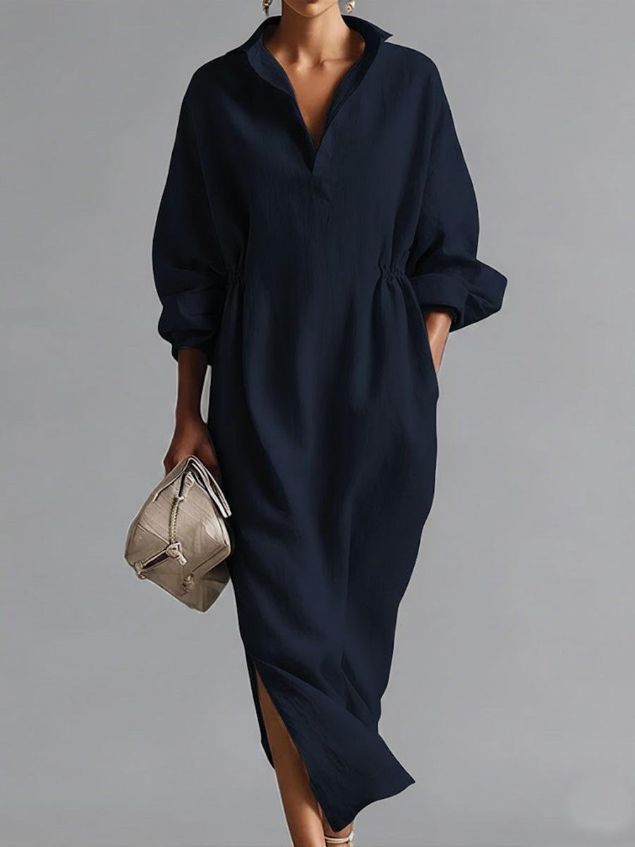 📦📦Women's Solid Color Lapel Long-sleeved Casual Loose Cotton Dress