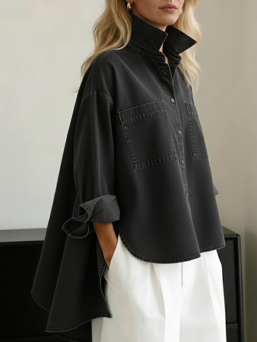 📦📦Casual Stand-collar Irregular Hem Denim Shirt Top