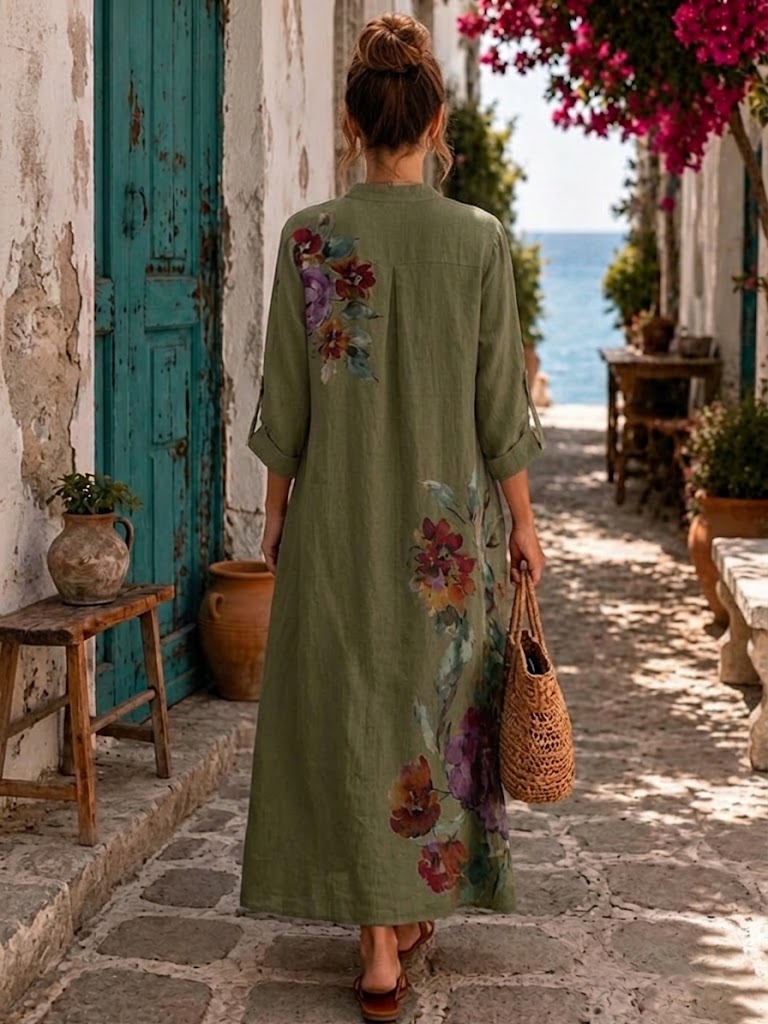 💝💝Casual Floral-print Linen And Cotton Dress