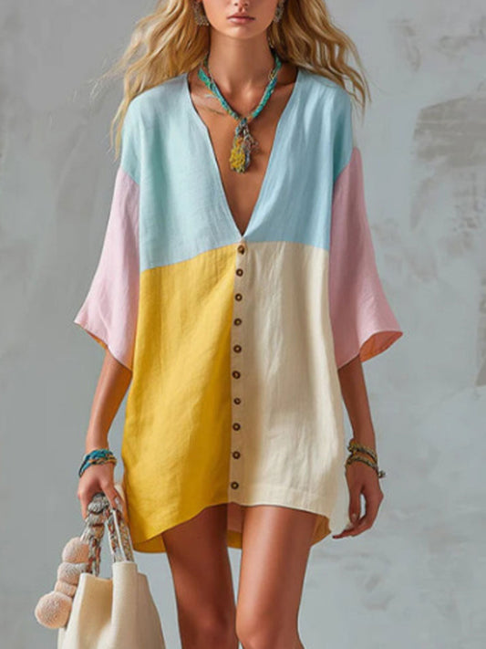 💝💝Women's Casual Loose-fit Color-block Cotton-linen Short-sleeve Mini Dress