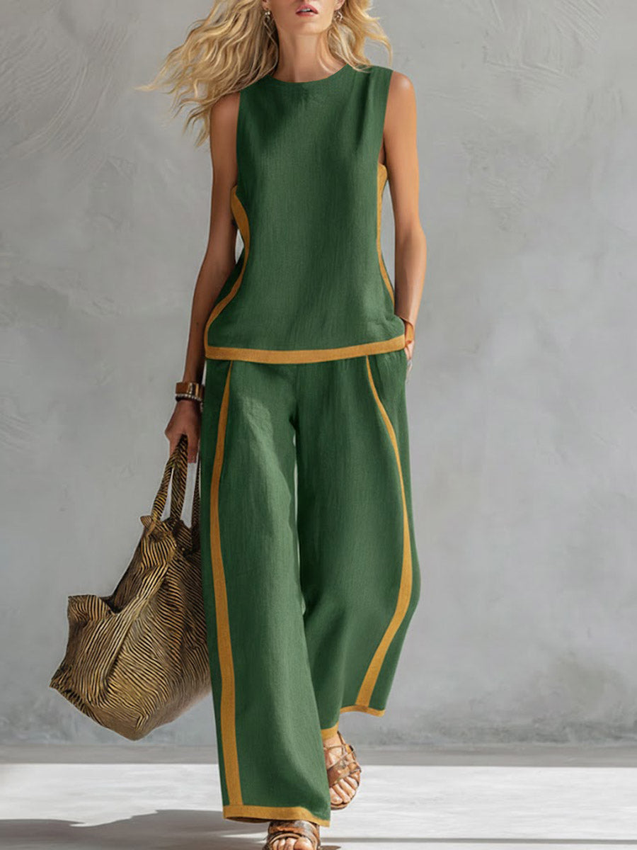 📦📦LAST DAY SAVE 49% ⏰Women's Round Neck Sleeveless Casual Loose Top And High-waisted Loose Wide-leg Pants Cotton And Linen Set.