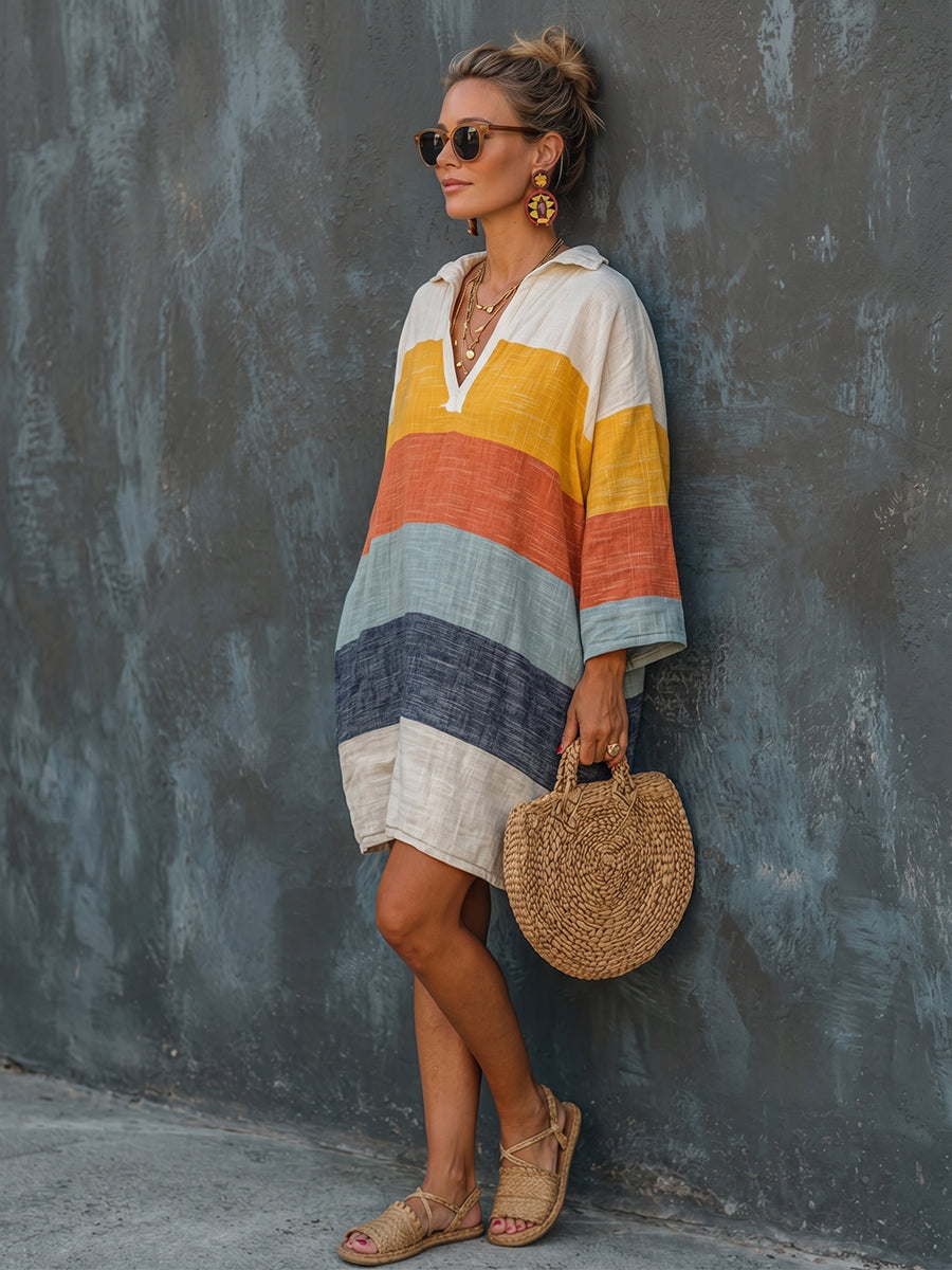 💝💝Cozy Colorful Striped Polo Collar Cotton-linen Mini Dress