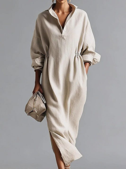 📦📦Women's Solid Color Lapel Long-sleeved Casual Loose Cotton Dress