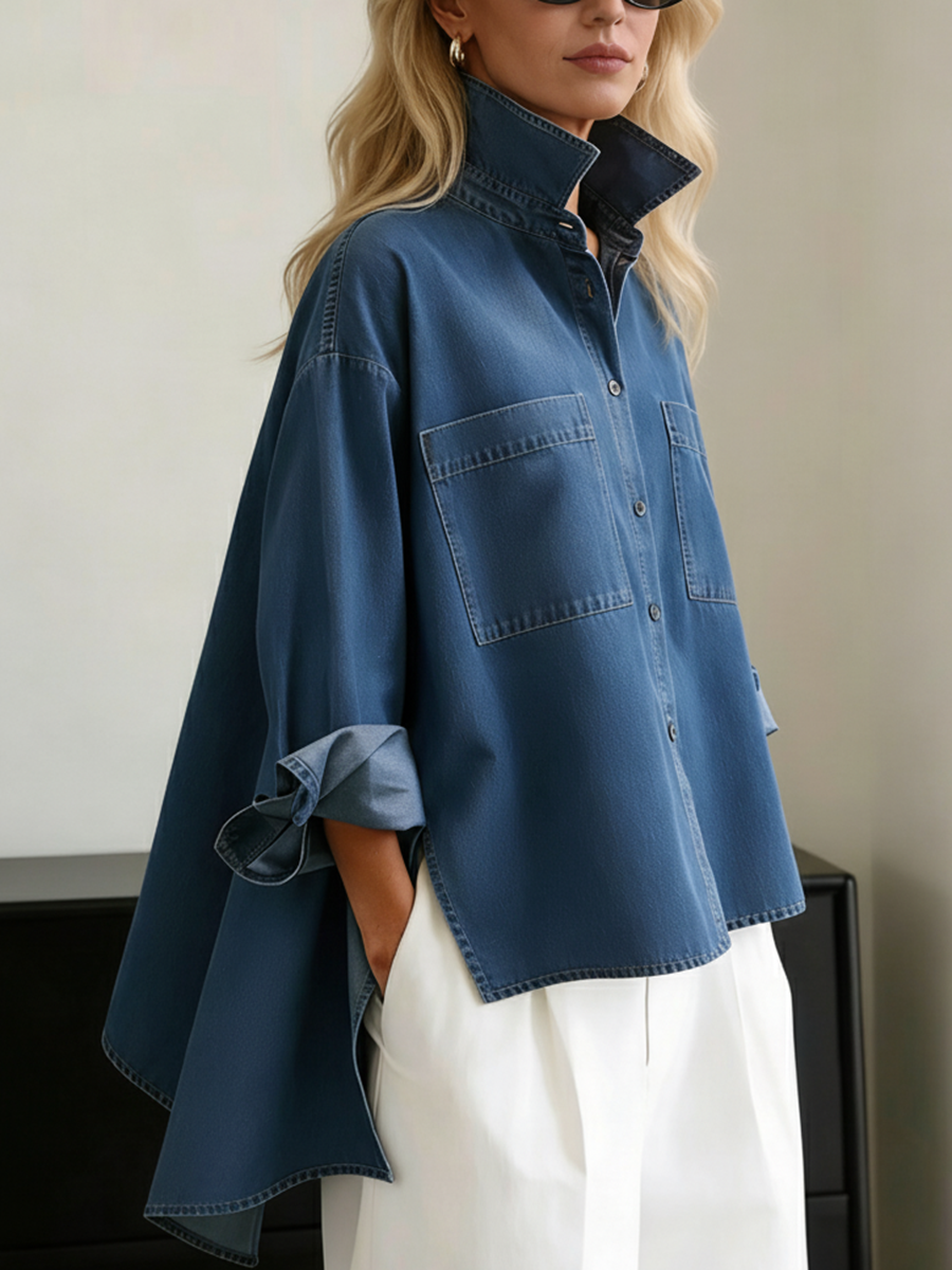 📦📦Casual Stand-collar Irregular Hem Denim Shirt Top