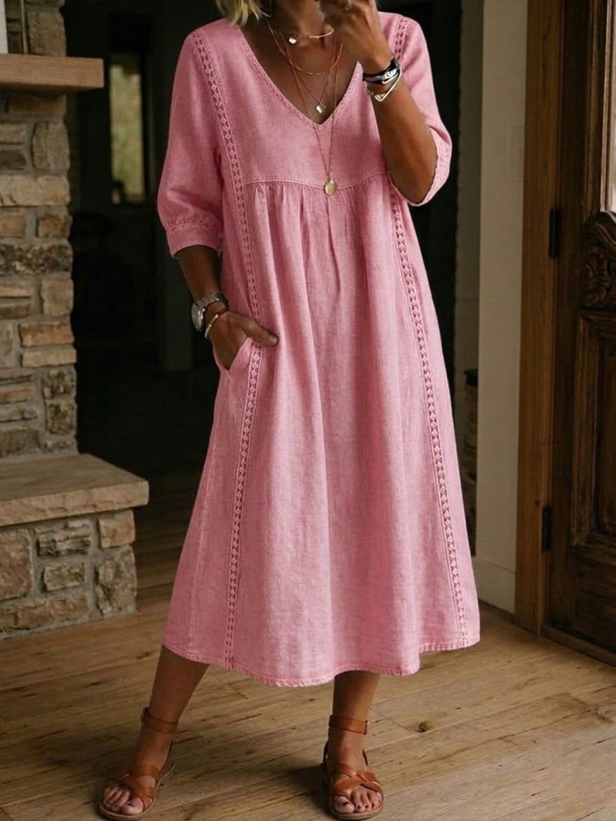 📦📦Casual Loose-fitting Patchwork Lace Trim Linen And Cotton Dress