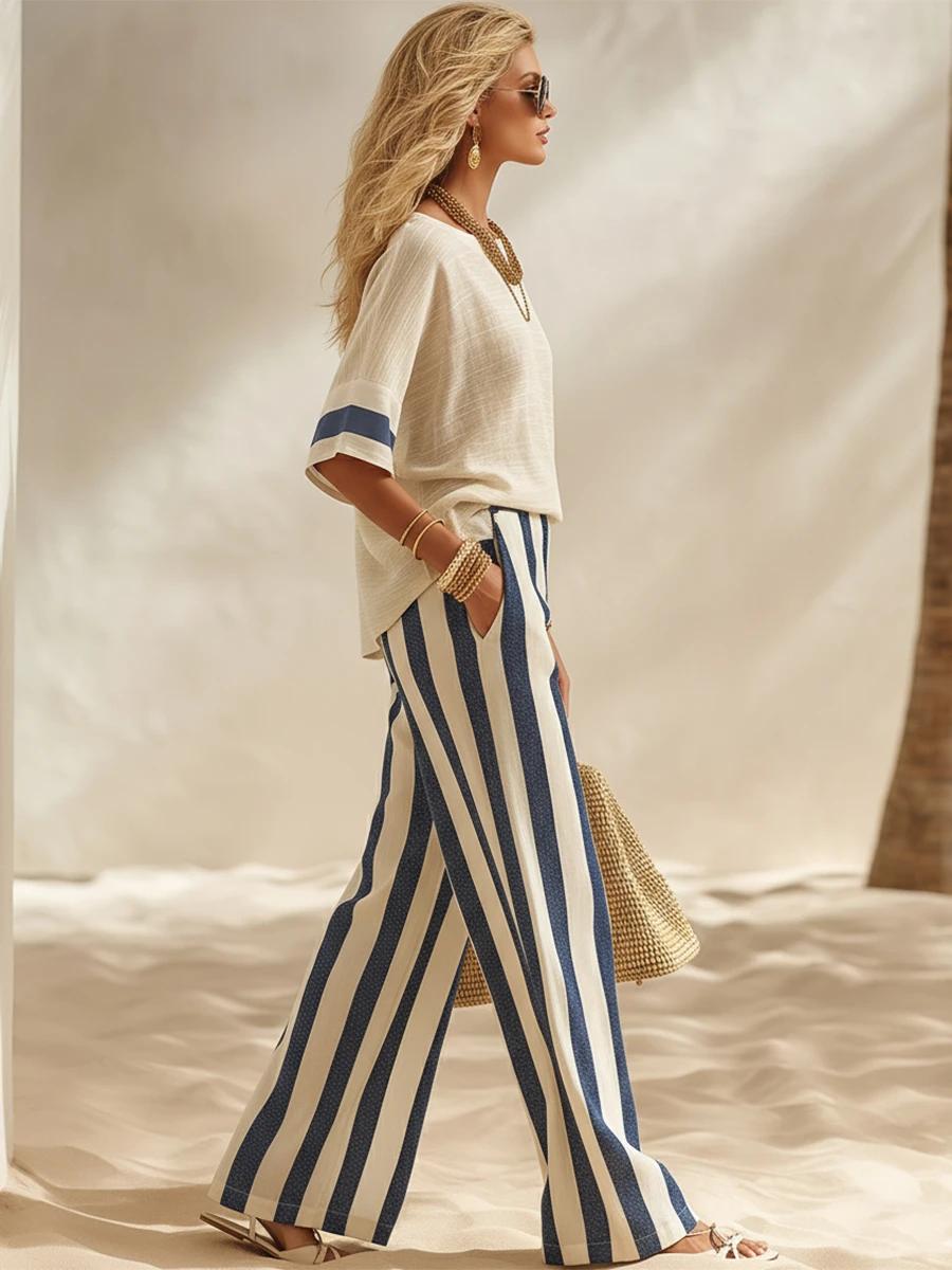 📦📦LAST DAY SAVE 49% ⏰Beige Textured Cotton-linen Color-block Top & Blue-white Striped Elastic Waist Wide-leg Pants Set