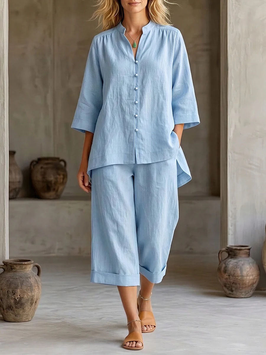 💝💝Women's Solid-color Cotton-linen Set: V-neck 3/4-sleeve Loose-fit Top & High-waisted Wide-leg Pants