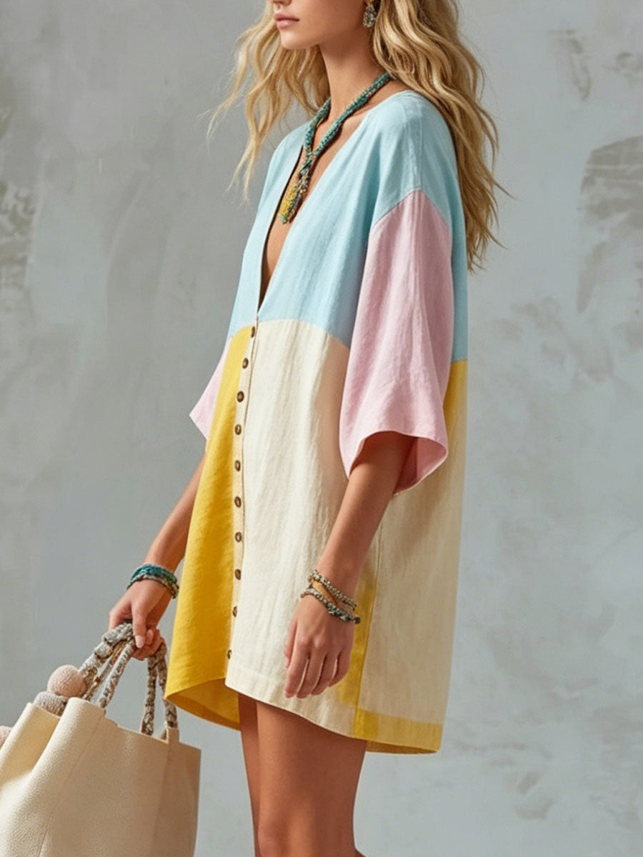 💝💝Women's Casual Loose-fit Color-block Cotton-linen Short-sleeve Mini Dress