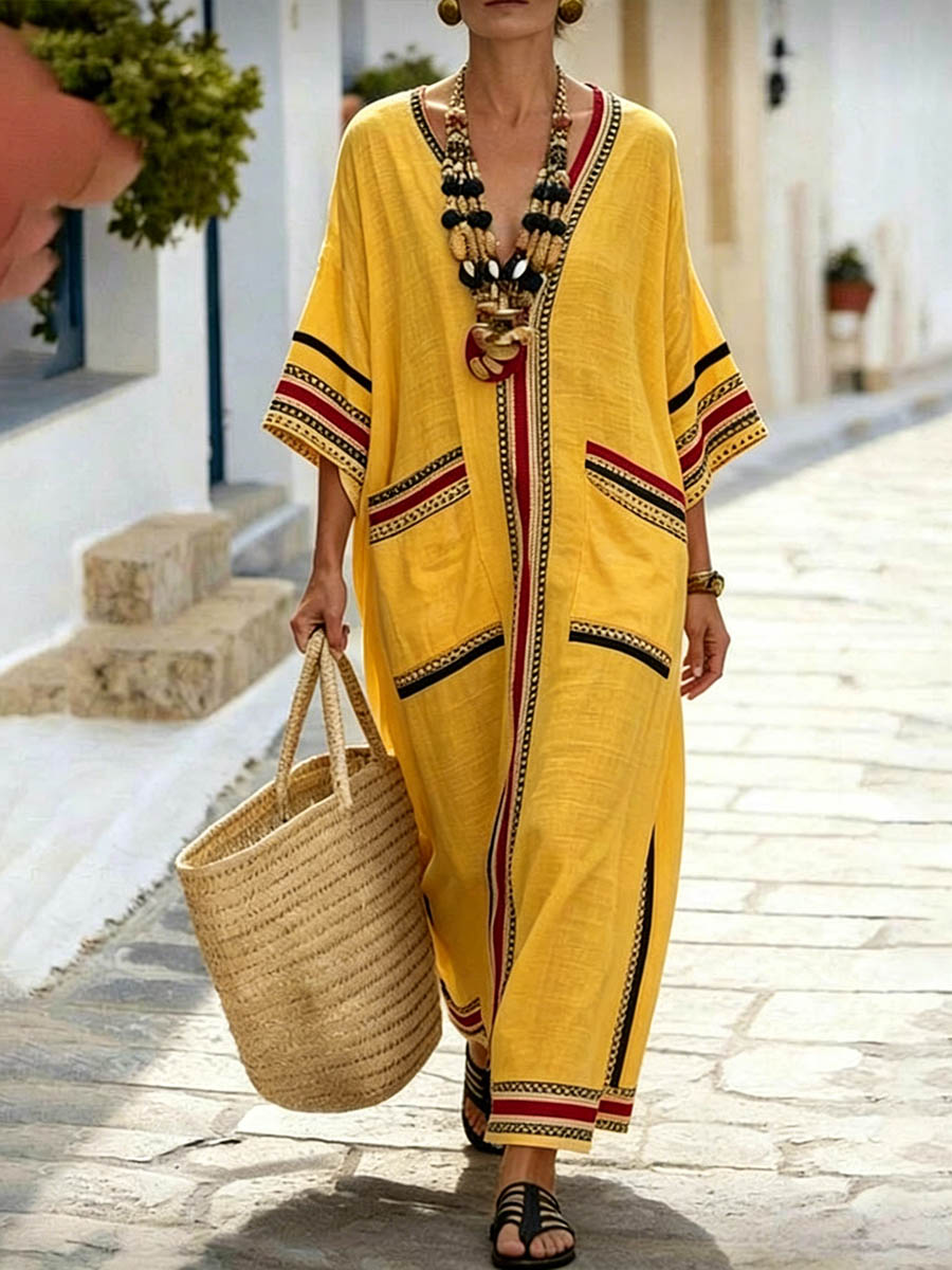 💝💝Women's Casual Loose Cotton-linen Dress With Placement Print V-neck And 3/4 Sleeves