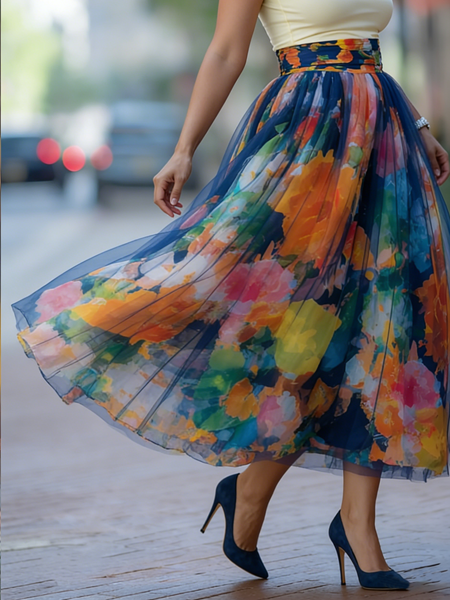 📦📦LAST DAY SAVE 49% ⏰Artistic Watercolor Print Mesh-paneled Skirt